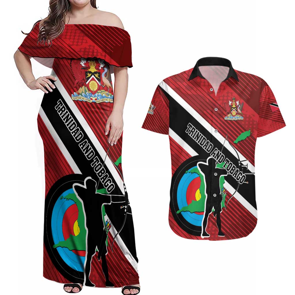 Personalized Trinidad and Tobago Archery Couples Matching Off Shoulder Maxi Dress and Hawaiian Shirt Archery On The Move