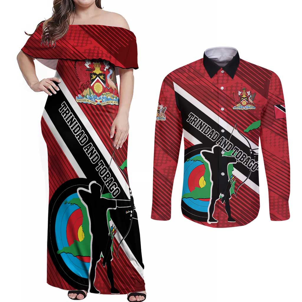 Personalized Trinidad and Tobago Archery Couples Matching Off Shoulder Maxi Dress and Long Sleeve Button Shirt Archery On The Move