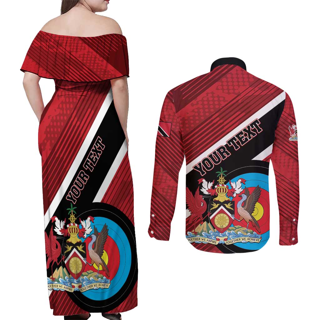 Personalized Trinidad and Tobago Archery Couples Matching Off Shoulder Maxi Dress and Long Sleeve Button Shirt Archery On The Move