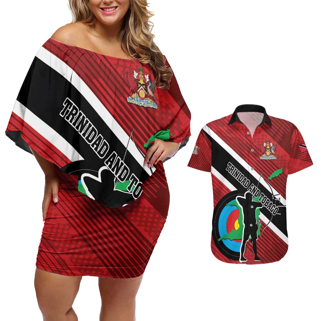 Personalized Trinidad and Tobago Archery Couples Matching Off Shoulder Short Dress and Hawaiian Shirt Archery On The Move
