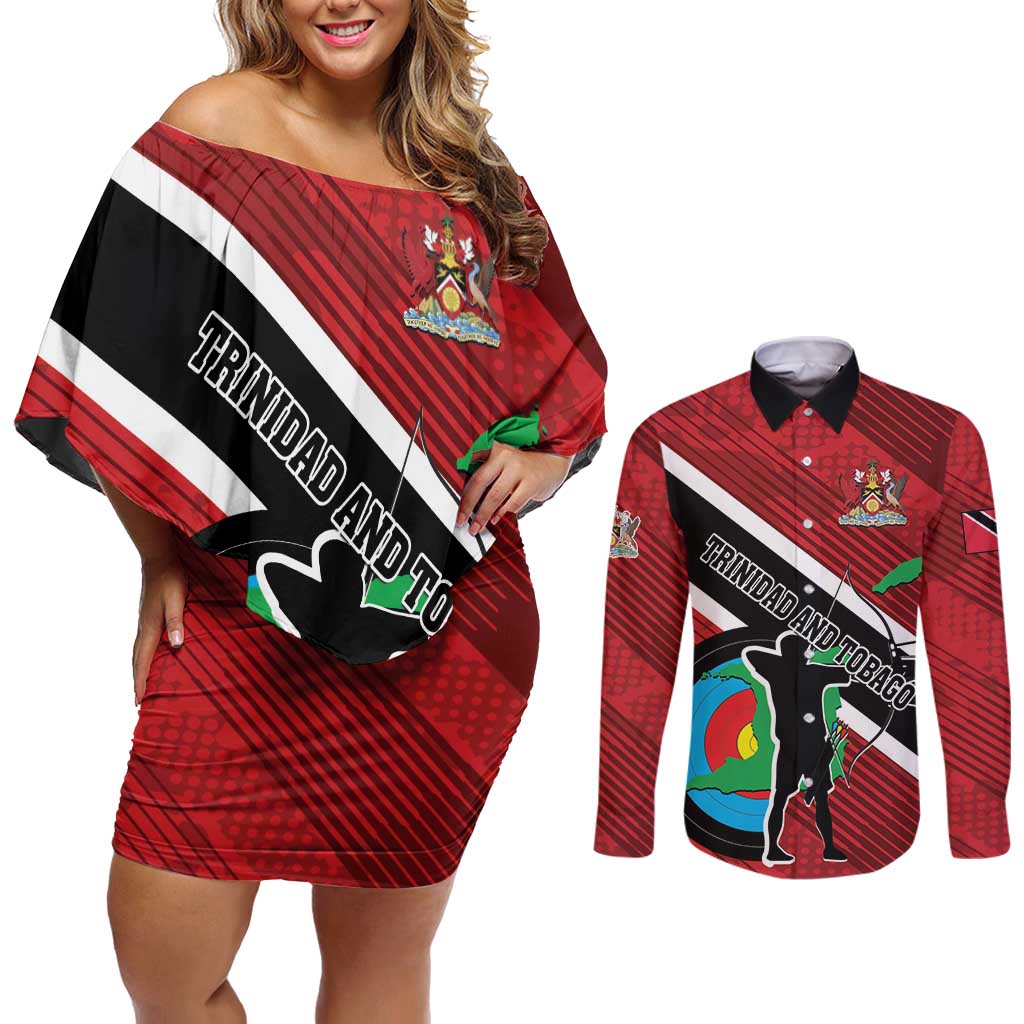 Personalized Trinidad and Tobago Archery Couples Matching Off Shoulder Short Dress and Long Sleeve Button Shirt Archery On The Move