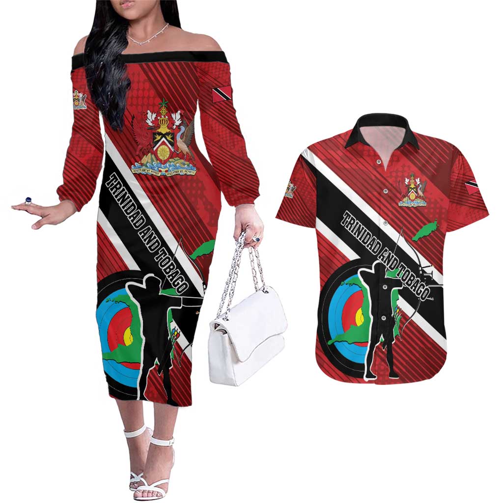 Personalized Trinidad and Tobago Archery Couples Matching Off The Shoulder Long Sleeve Dress and Hawaiian Shirt Archery On The Move
