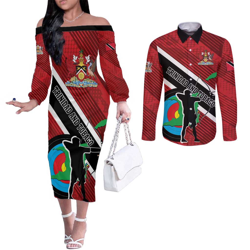 Personalized Trinidad and Tobago Archery Couples Matching Off The Shoulder Long Sleeve Dress and Long Sleeve Button Shirt Archery On The Move