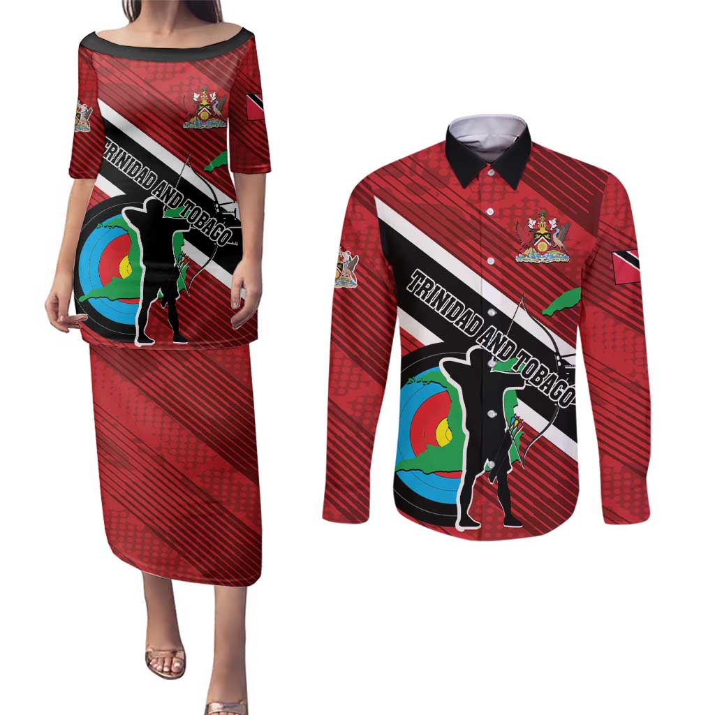 Personalized Trinidad and Tobago Archery Couples Matching Puletasi and Long Sleeve Button Shirt Archery On The Move
