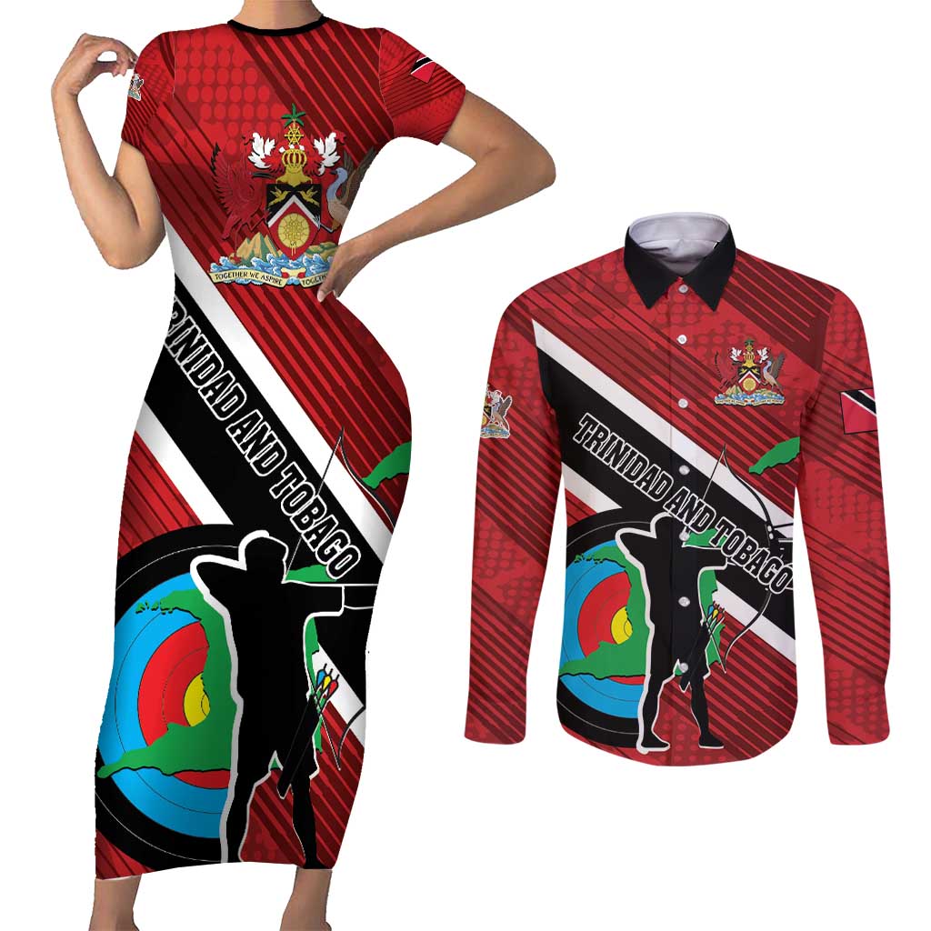 Personalized Trinidad and Tobago Archery Couples Matching Short Sleeve Bodycon Dress and Long Sleeve Button Shirt Archery On The Move
