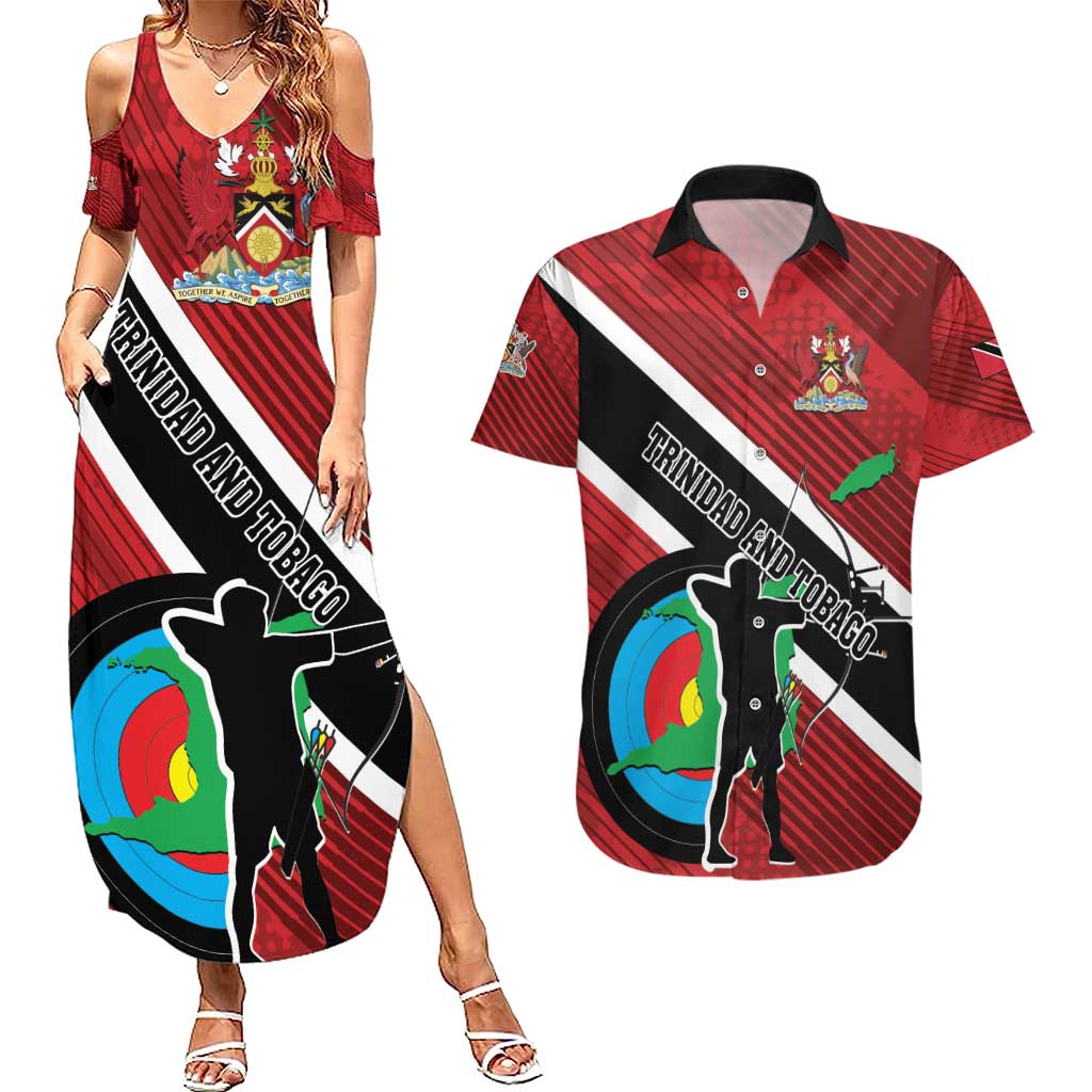 Personalized Trinidad and Tobago Archery Couples Matching Summer Maxi Dress and Hawaiian Shirt Archery On The Move