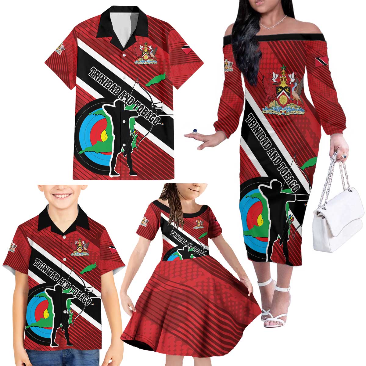 Personalized Trinidad and Tobago Archery Family Matching Off The Shoulder Long Sleeve Dress and Hawaiian Shirt Archery On The Move