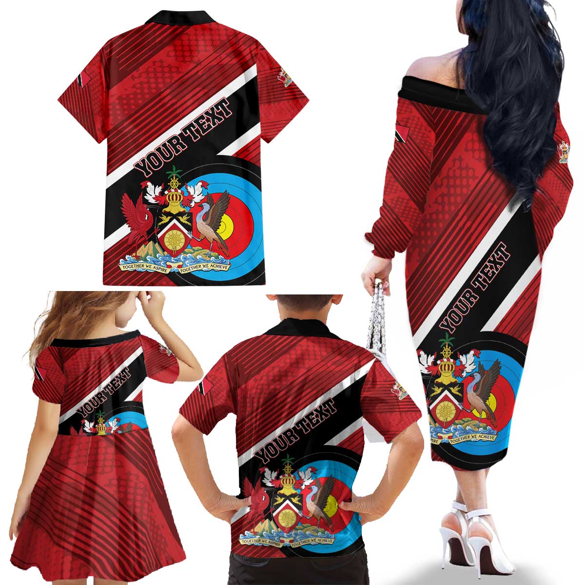 Personalized Trinidad and Tobago Archery Family Matching Off The Shoulder Long Sleeve Dress and Hawaiian Shirt Archery On The Move