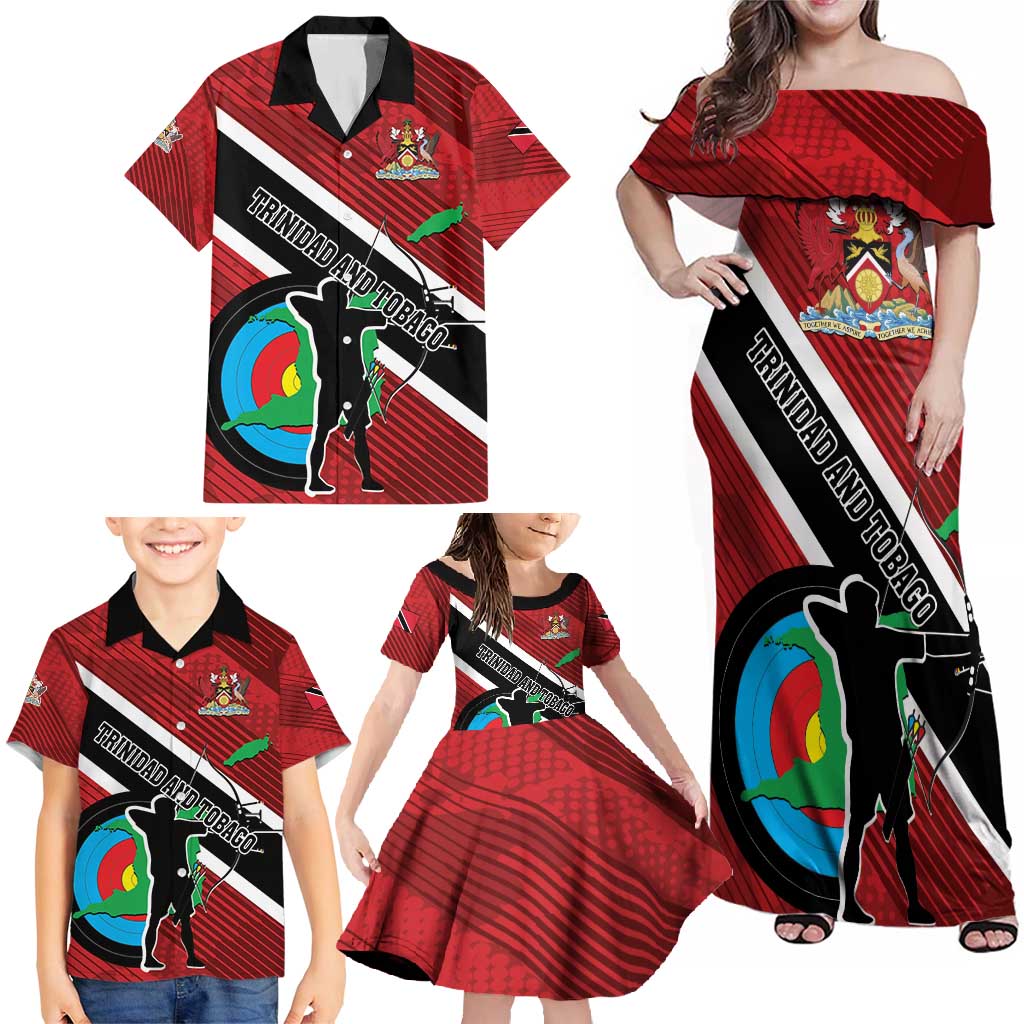 Personalized Trinidad and Tobago Archery Family Matching Off Shoulder Maxi Dress and Hawaiian Shirt Archery On The Move