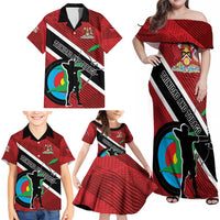 Personalized Trinidad and Tobago Archery Family Matching Off Shoulder Maxi Dress and Hawaiian Shirt Archery On The Move