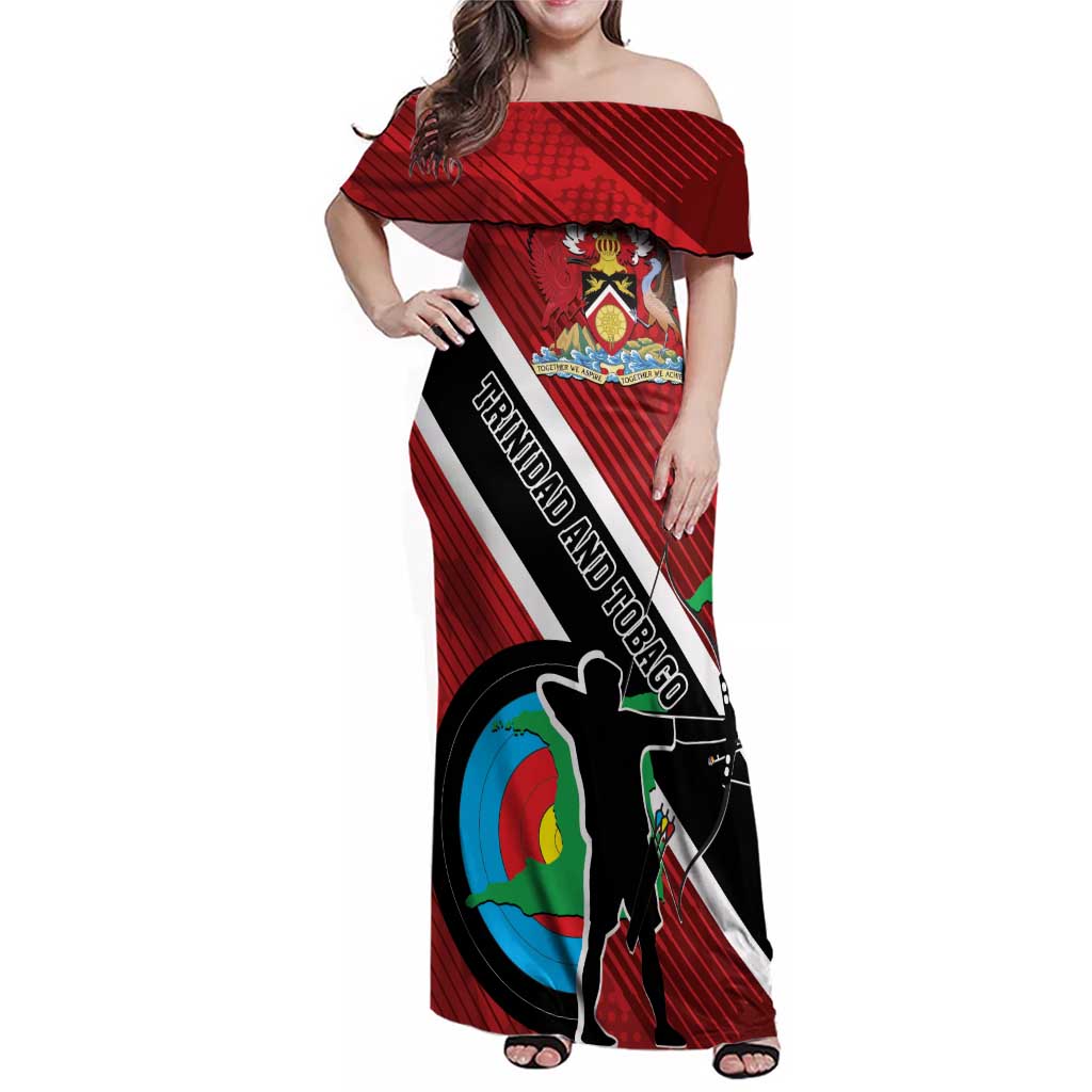 Personalized Trinidad and Tobago Archery Family Matching Off Shoulder Maxi Dress and Hawaiian Shirt Archery On The Move