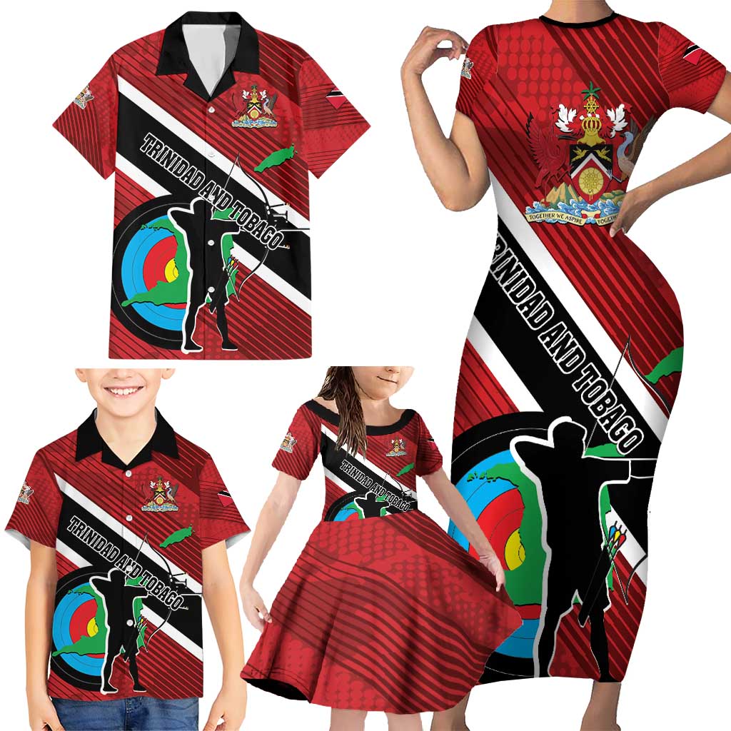 Personalized Trinidad and Tobago Archery Family Matching Short Sleeve Bodycon Dress and Hawaiian Shirt Archery On The Move