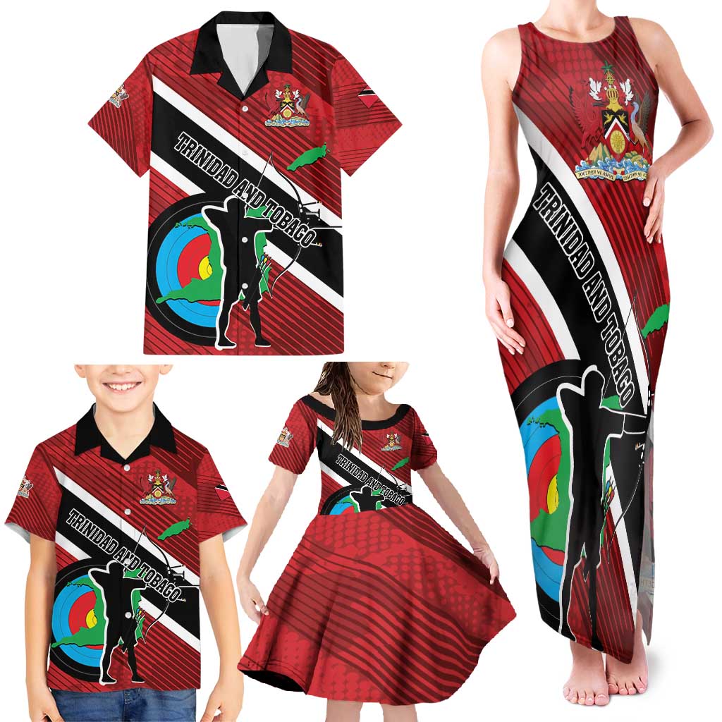 Personalized Trinidad and Tobago Archery Family Matching Tank Maxi Dress and Hawaiian Shirt Archery On The Move
