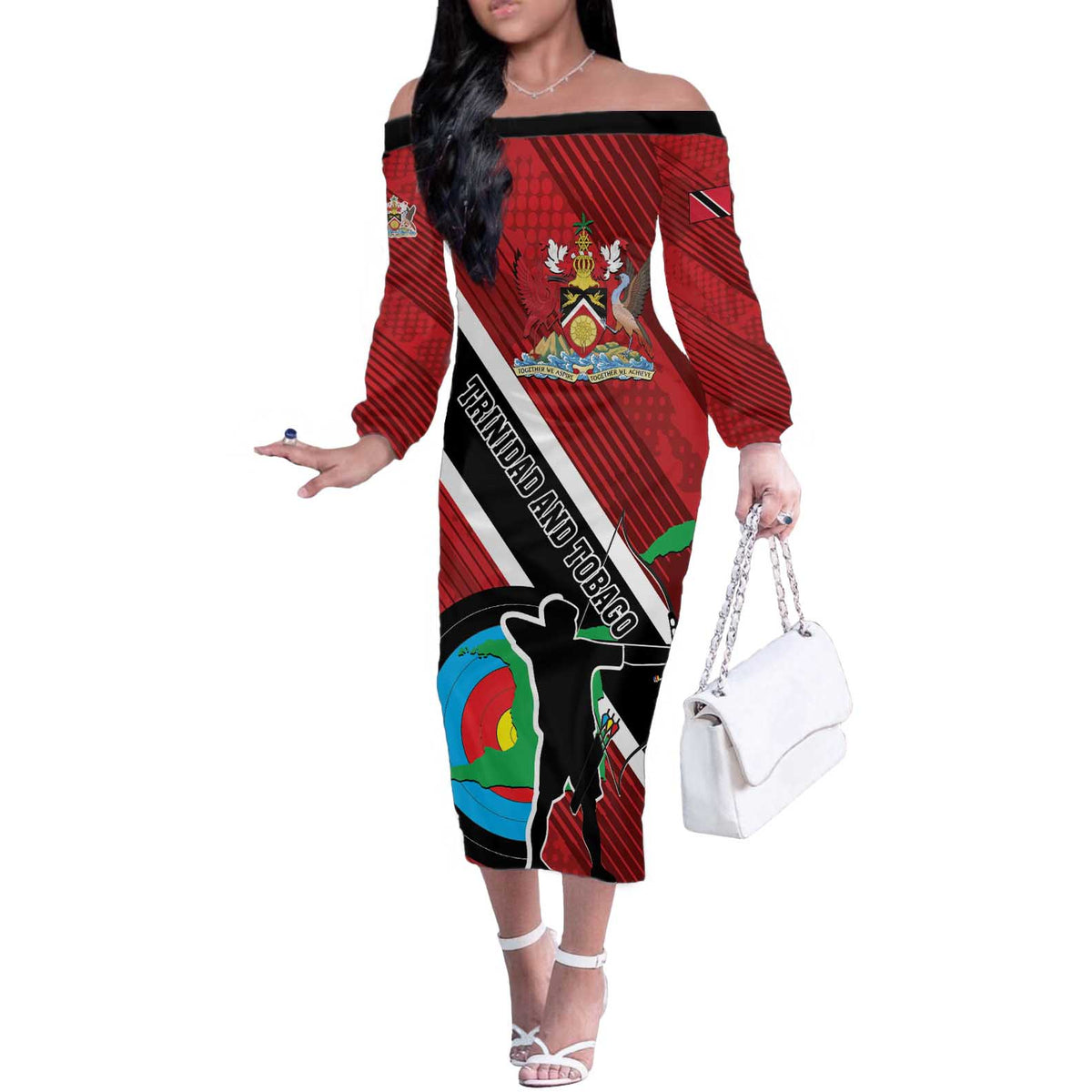 Personalized Trinidad and Tobago Archery Off The Shoulder Long Sleeve Dress Archery On The Move