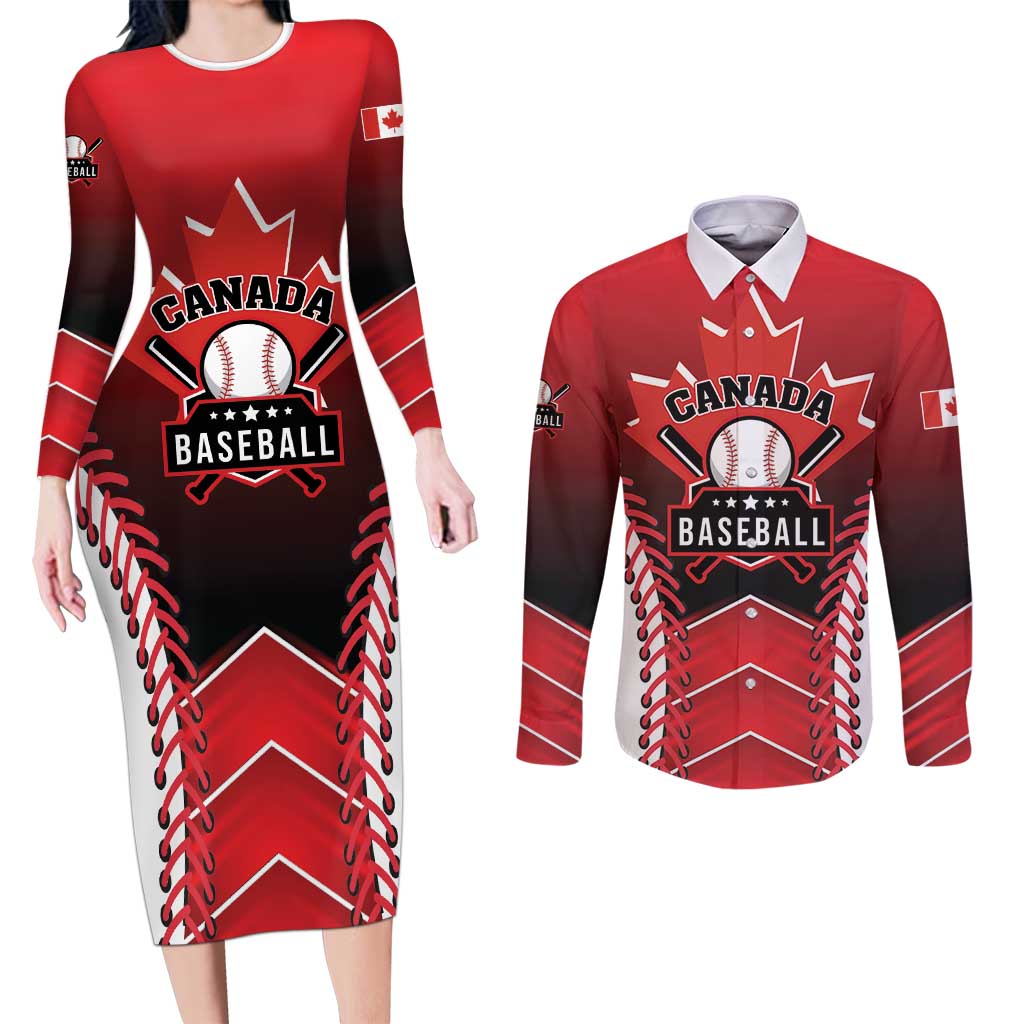 Custom Canada Baseball Couples Matching Long Sleeve Bodycon Dress and Long Sleeve Button Shirt Go Champion The Maple Leaf
