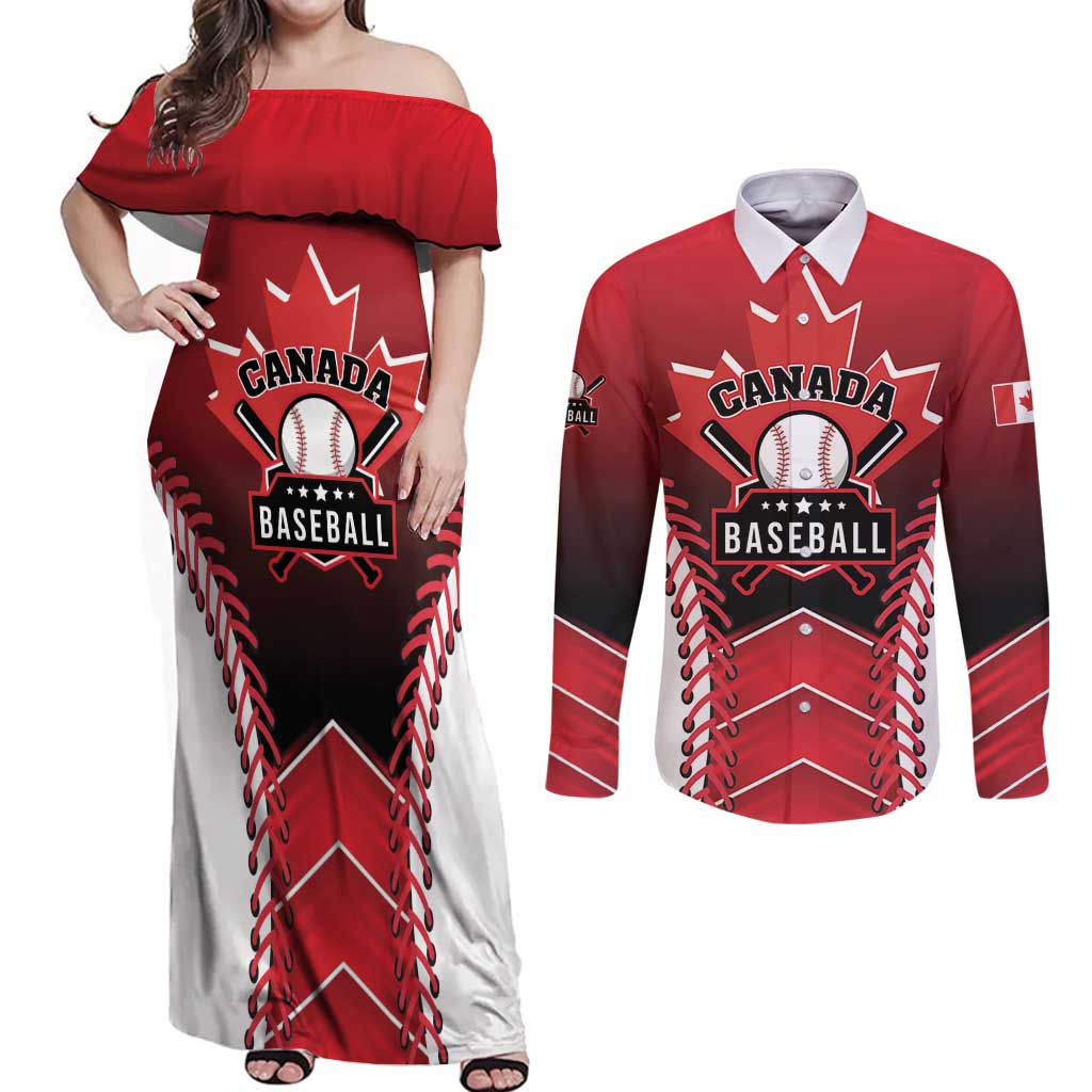 Custom Canada Baseball Couples Matching Off Shoulder Maxi Dress and Long Sleeve Button Shirt Go Champion The Maple Leaf