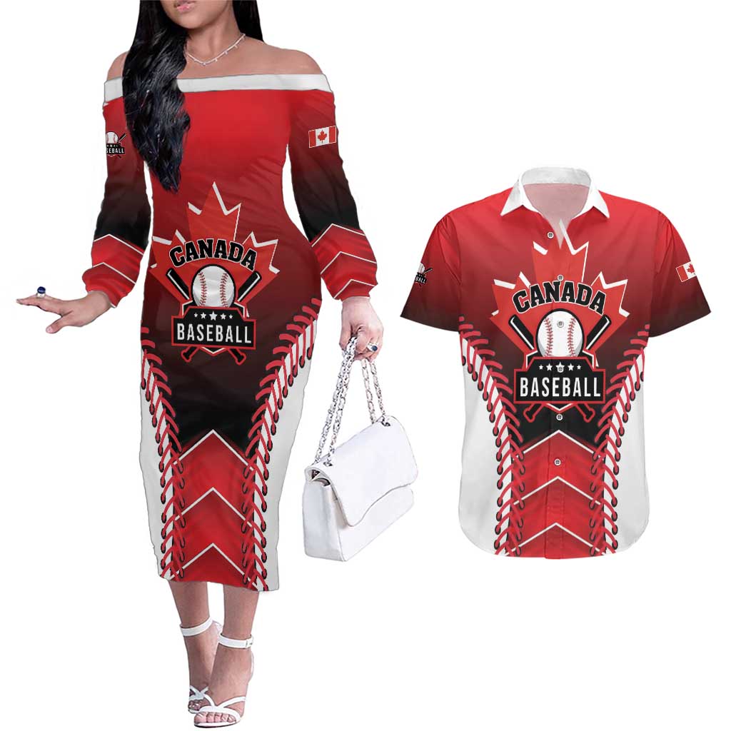 Custom Canada Baseball Couples Matching Off The Shoulder Long Sleeve Dress and Hawaiian Shirt Go Champion The Maple Leaf