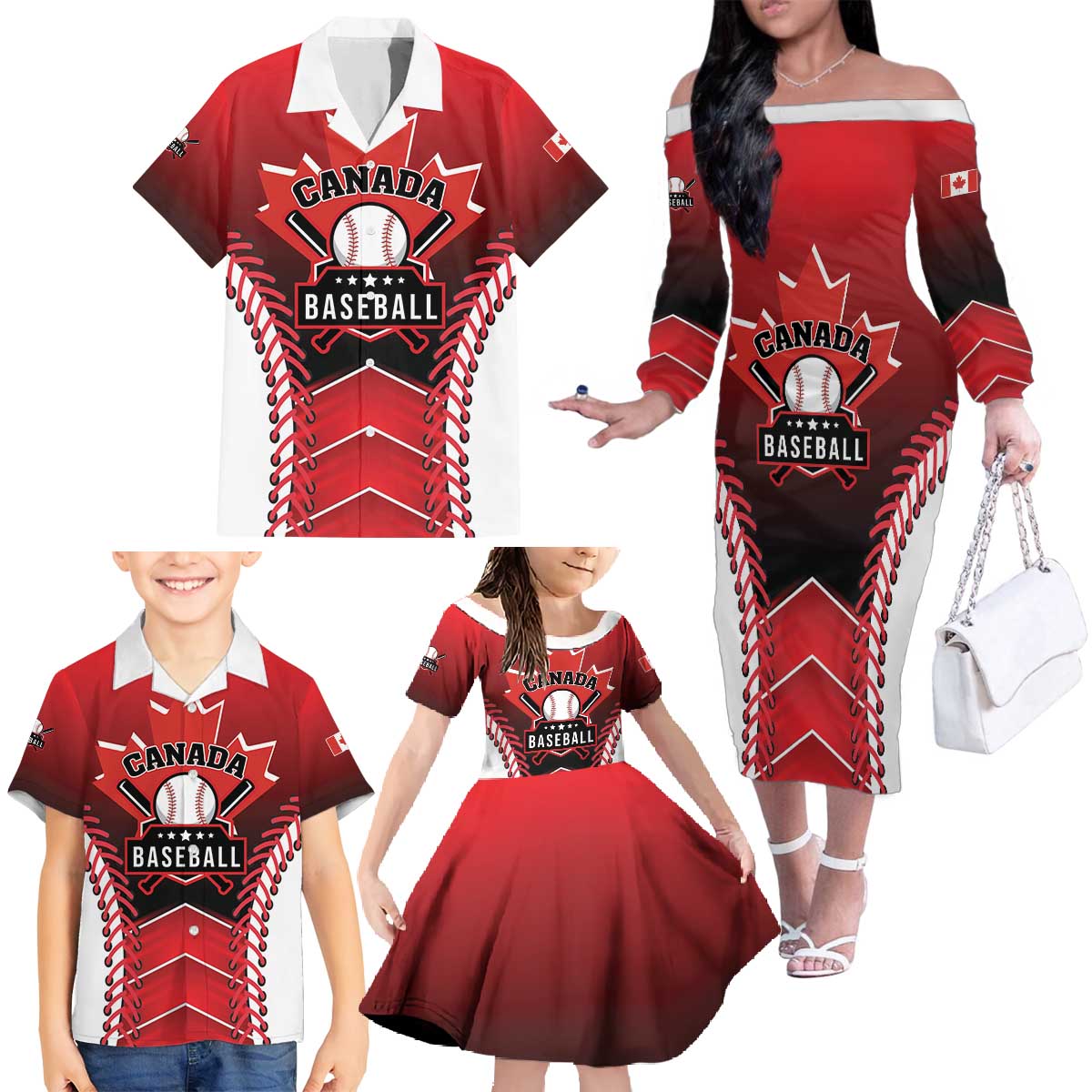 Custom Canada Baseball Family Matching Off The Shoulder Long Sleeve Dress and Hawaiian Shirt Go Champion The Maple Leaf