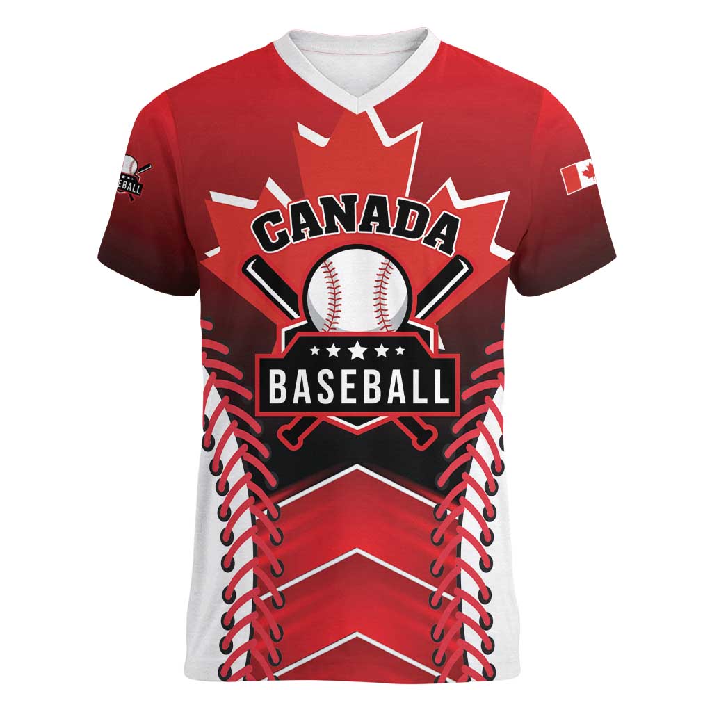 Custom Canada Baseball Women V-Neck T-Shirt Go Champion The Maple Leaf