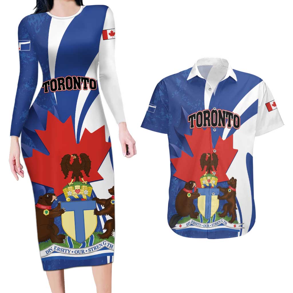 Personalised Canada Toronto Couples Matching Long Sleeve Bodycon Dress and Hawaiian Shirt Maple Leaf Diversity Our Strength