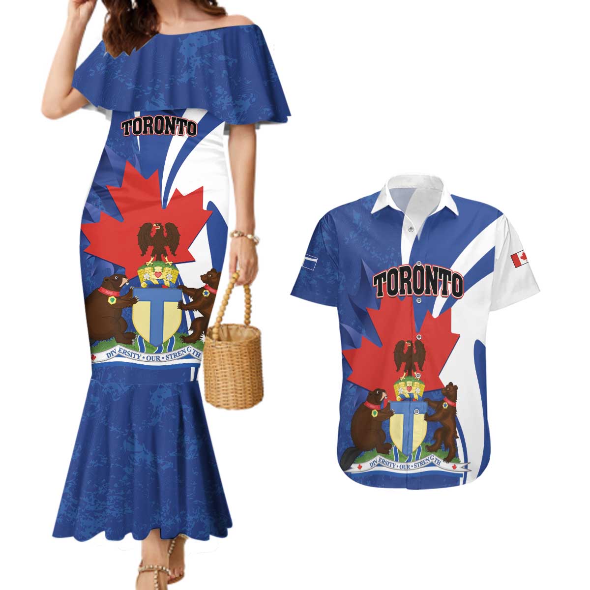 Personalised Canada Toronto Couples Matching Mermaid Dress and Hawaiian Shirt Maple Leaf Diversity Our Strength