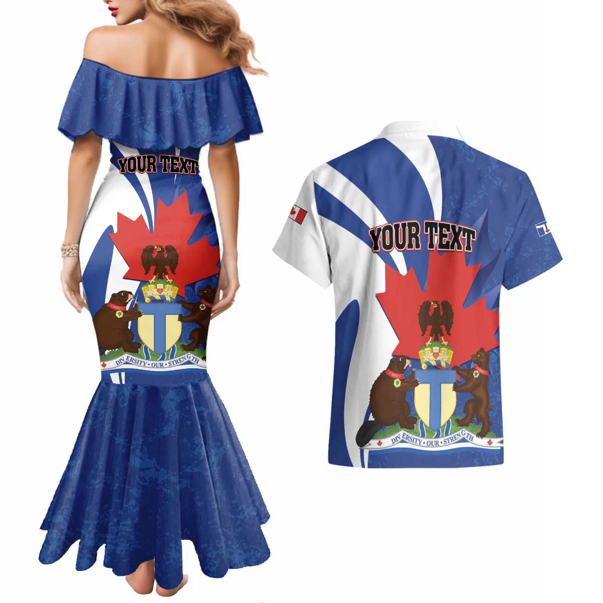 Personalised Canada Toronto Couples Matching Mermaid Dress and Hawaiian Shirt Maple Leaf Diversity Our Strength