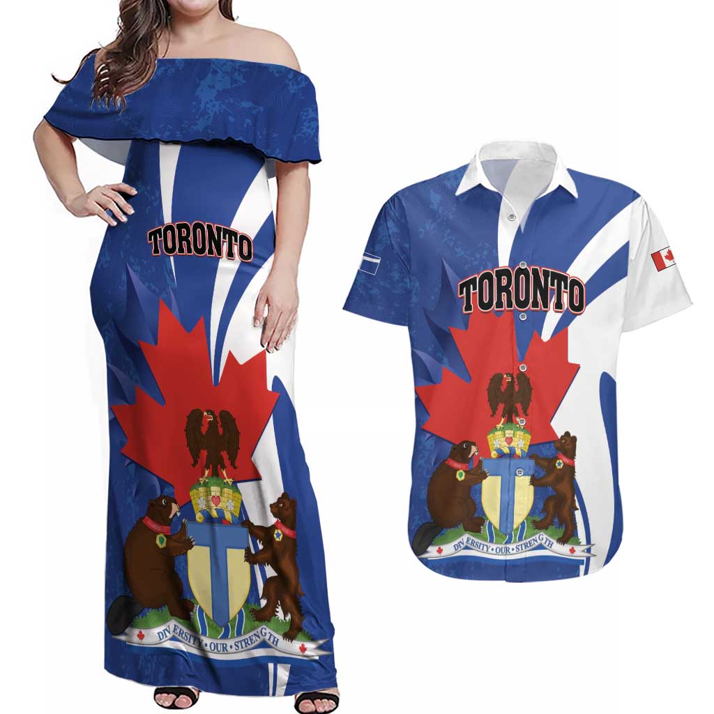 Personalised Canada Toronto Couples Matching Off Shoulder Maxi Dress and Hawaiian Shirt Maple Leaf Diversity Our Strength