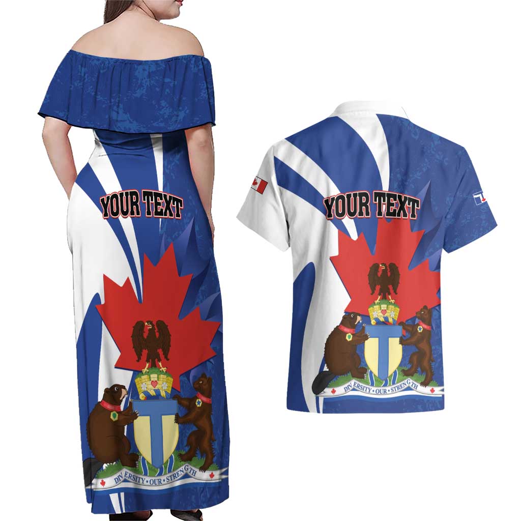 Personalised Canada Toronto Couples Matching Off Shoulder Maxi Dress and Hawaiian Shirt Maple Leaf Diversity Our Strength