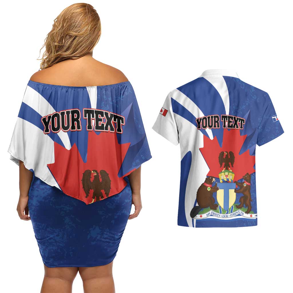 Personalised Canada Toronto Couples Matching Off Shoulder Short Dress and Hawaiian Shirt Maple Leaf Diversity Our Strength