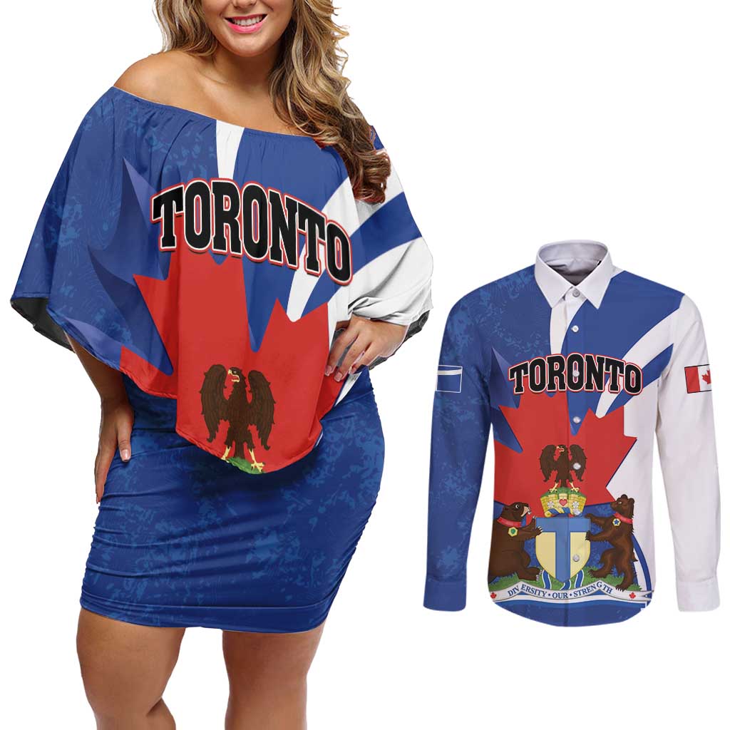 Personalised Canada Toronto Couples Matching Off Shoulder Short Dress and Long Sleeve Button Shirt Maple Leaf Diversity Our Strength