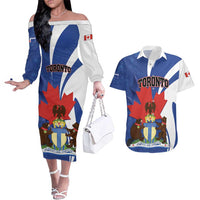 Personalised Canada Toronto Couples Matching Off The Shoulder Long Sleeve Dress and Hawaiian Shirt Maple Leaf Diversity Our Strength