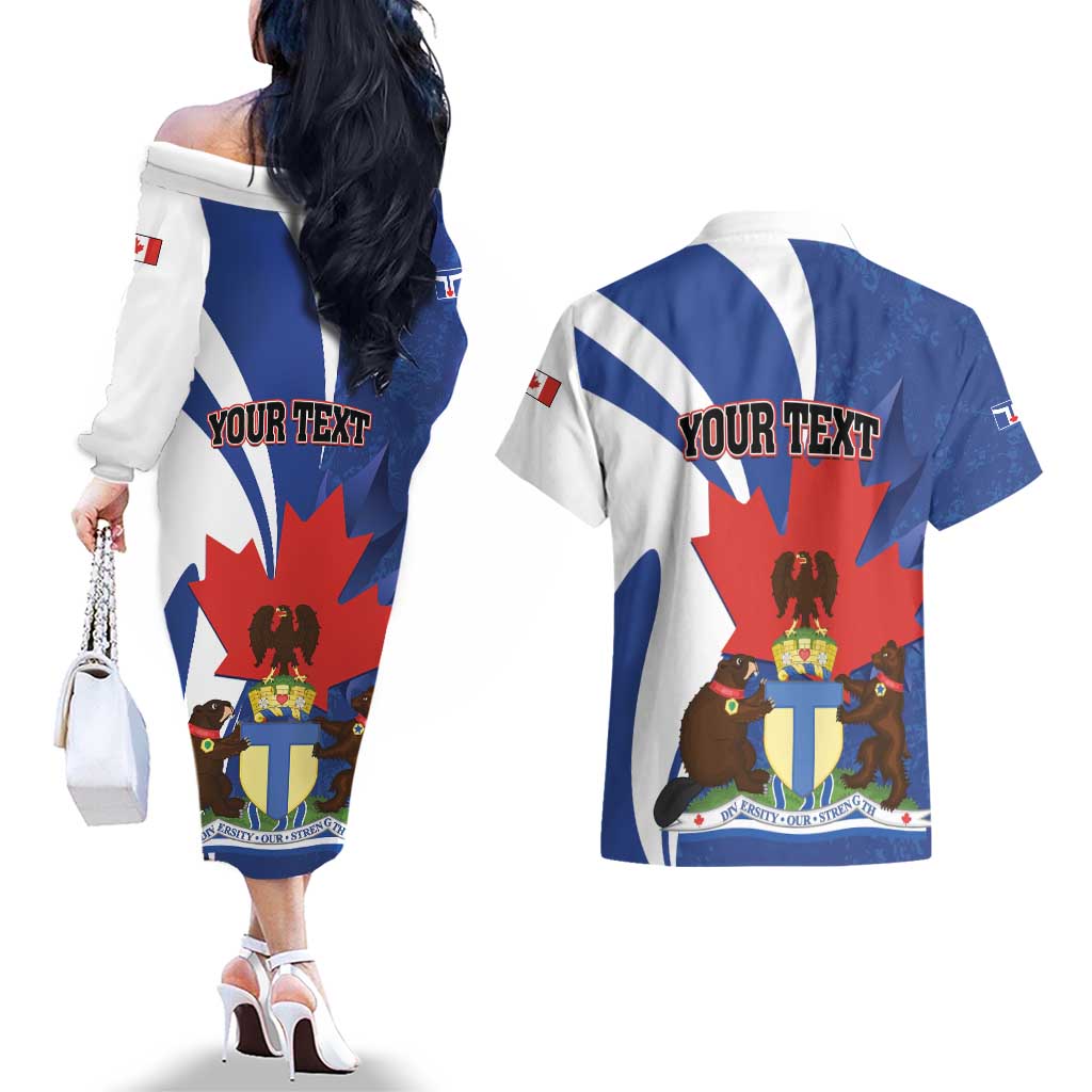 Personalised Canada Toronto Couples Matching Off The Shoulder Long Sleeve Dress and Hawaiian Shirt Maple Leaf Diversity Our Strength