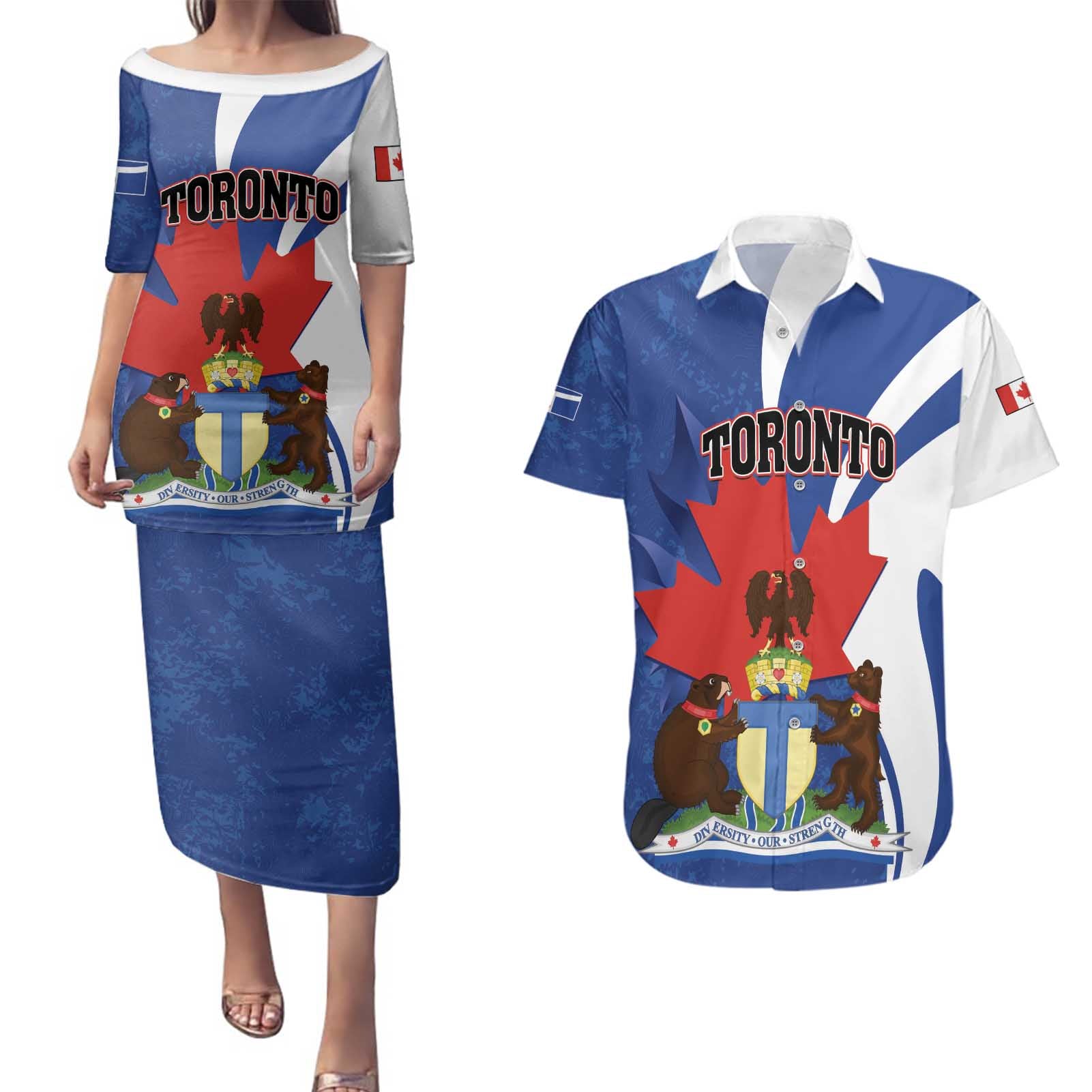 Personalised Canada Toronto Couples Matching Puletasi and Hawaiian Shirt Maple Leaf Diversity Our Strength