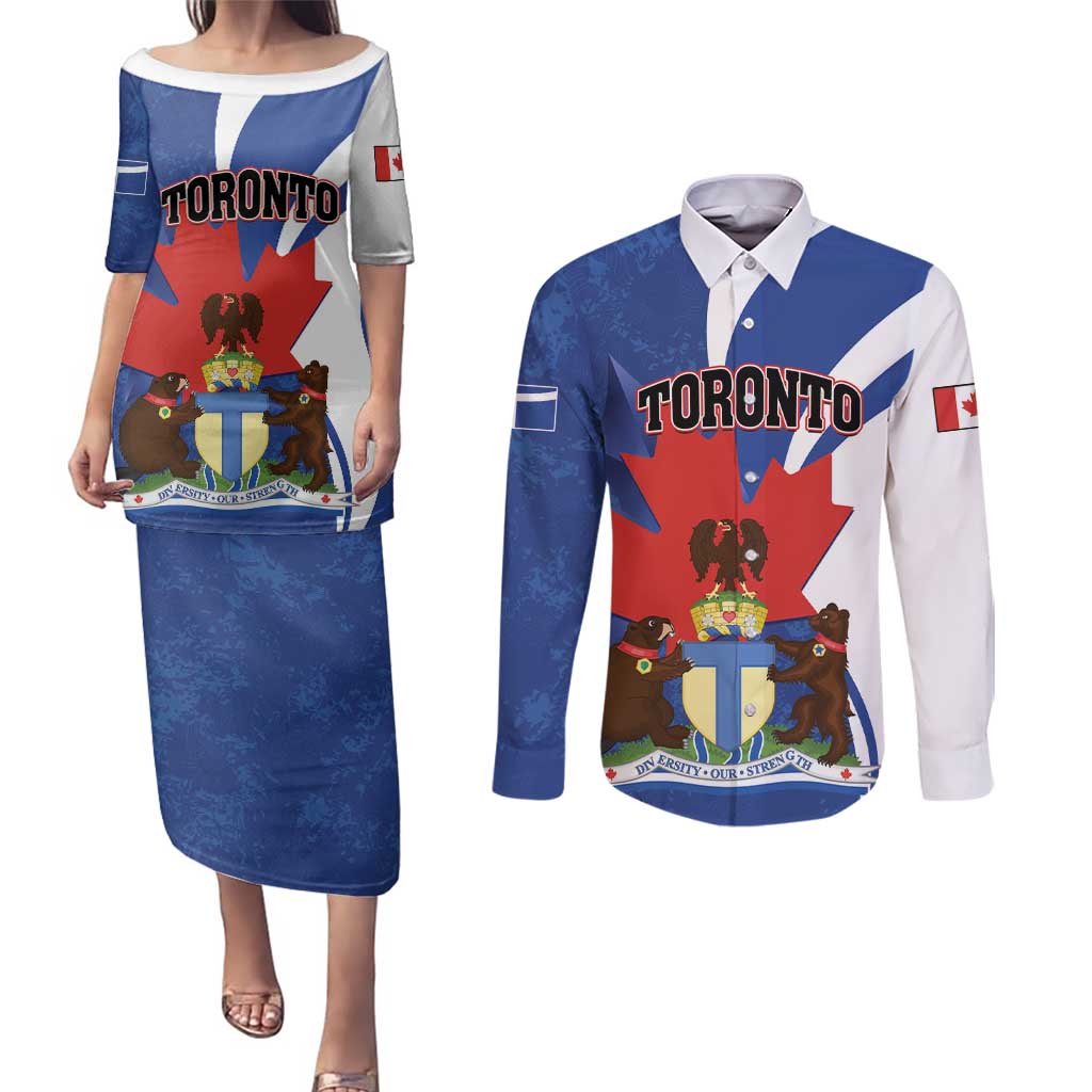 Personalised Canada Toronto Couples Matching Puletasi and Long Sleeve Button Shirt Maple Leaf Diversity Our Strength