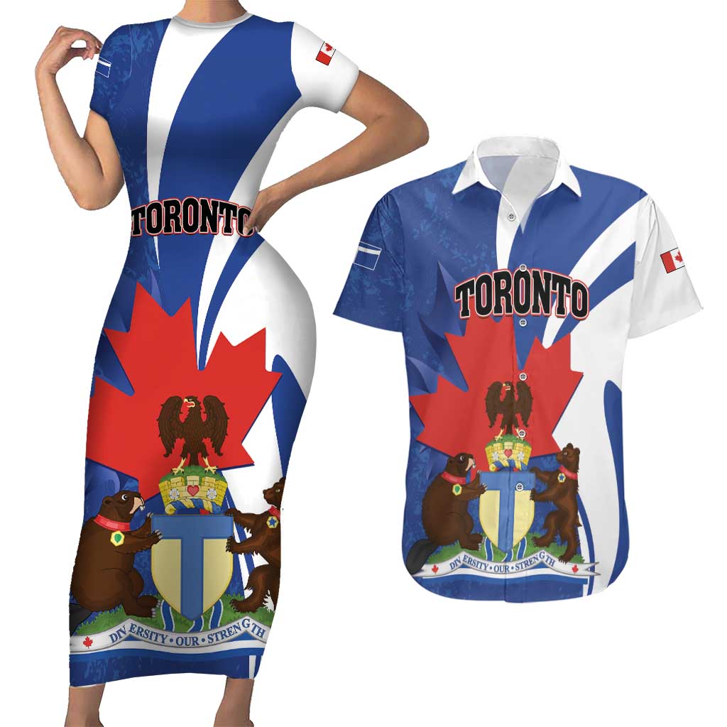Personalised Canada Toronto Couples Matching Short Sleeve Bodycon Dress and Hawaiian Shirt Maple Leaf Diversity Our Strength