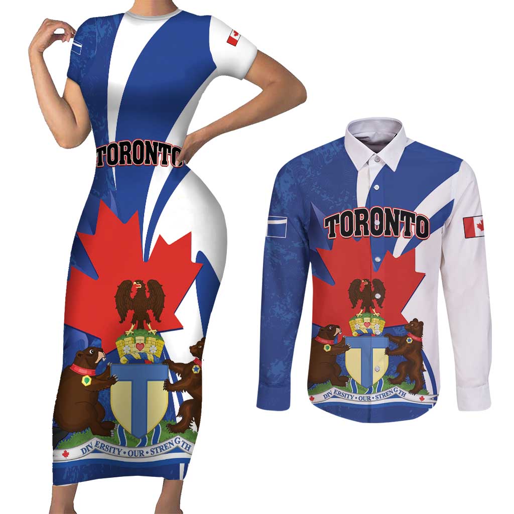 Personalised Canada Toronto Couples Matching Short Sleeve Bodycon Dress and Long Sleeve Button Shirt Maple Leaf Diversity Our Strength