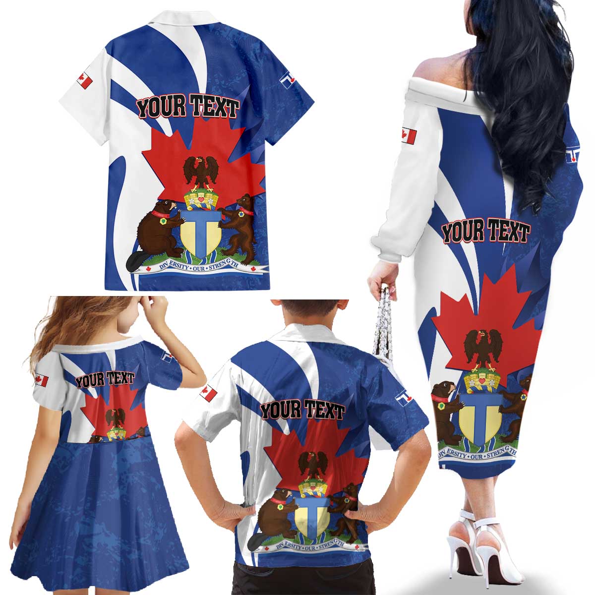 Personalised Canada Toronto Family Matching Off The Shoulder Long Sleeve Dress and Hawaiian Shirt Maple Leaf Diversity Our Strength