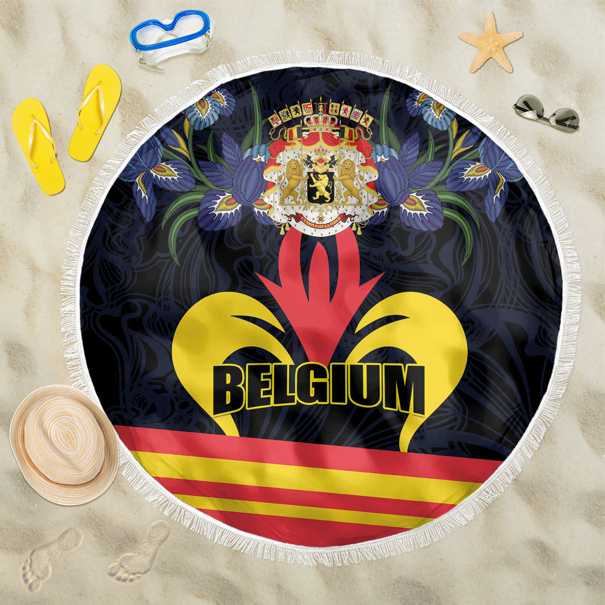 Belgium Iris Day Beach Blanket Royaume de Belgique Coat Of Arms