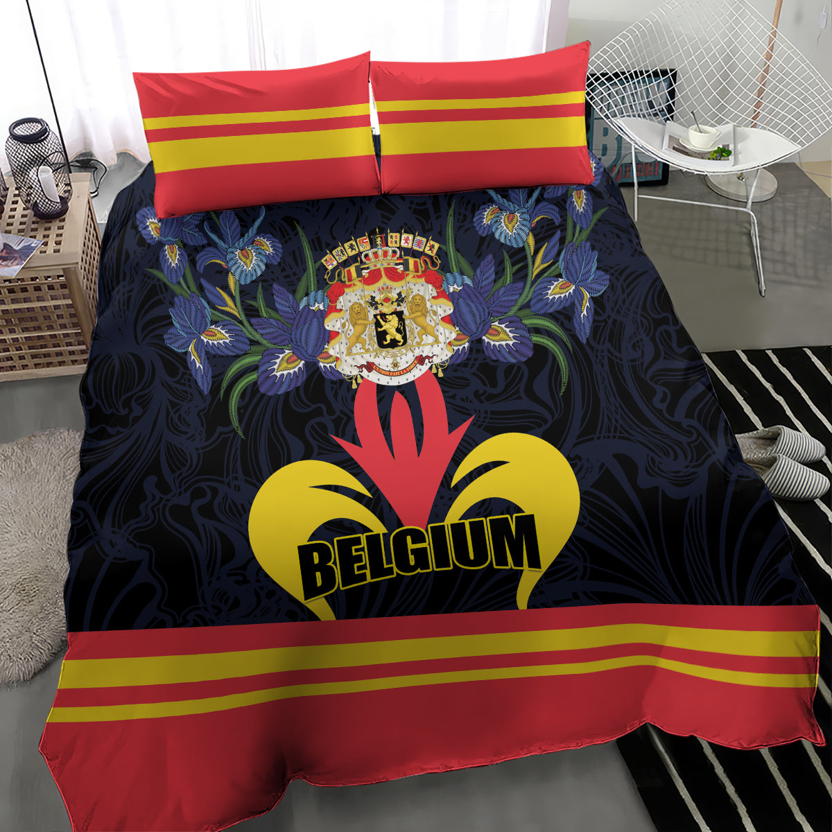 Belgium Iris Day Bedding Set Royaume de Belgique Coat Of Arms - Wonder Print Shop