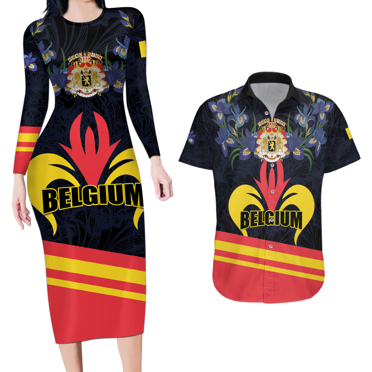 Personalized Belgium Iris Day Couples Matching Long Sleeve Bodycon Dress and Hawaiian Shirt Royaume de Belgique Coat Of Arms - Wonder Print Shop