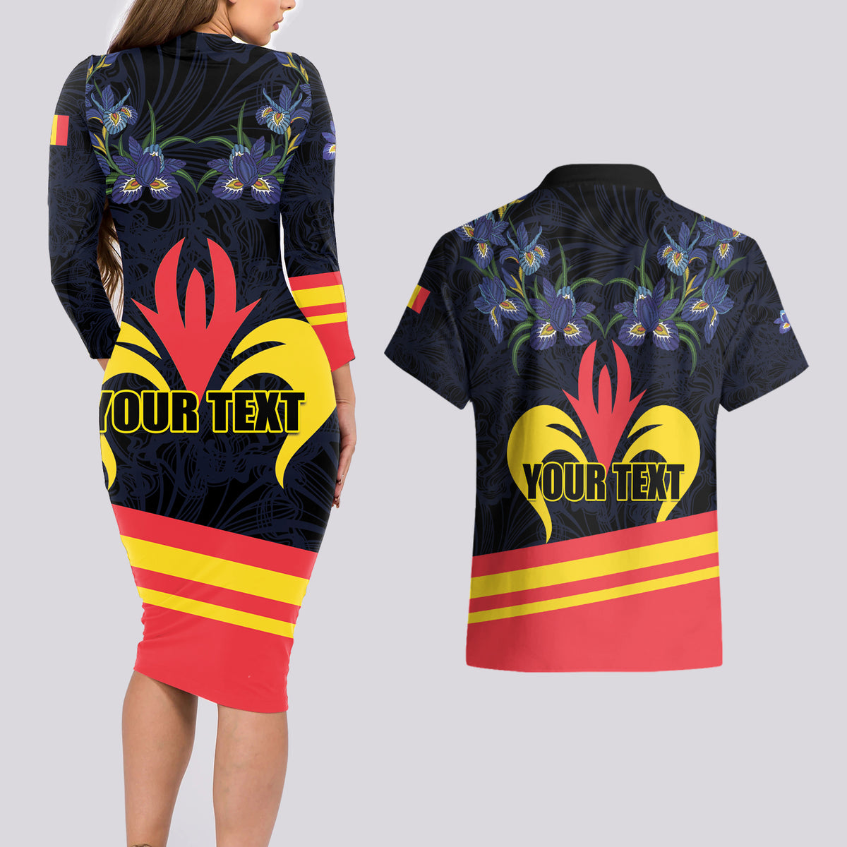 Personalized Belgium Iris Day Couples Matching Long Sleeve Bodycon Dress and Hawaiian Shirt Royaume de Belgique Coat Of Arms - Wonder Print Shop