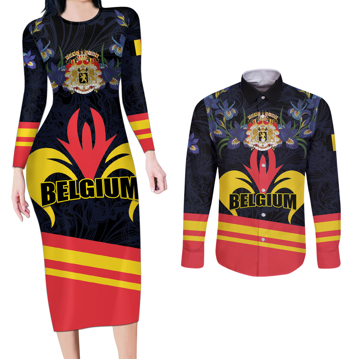 Personalized Belgium Iris Day Couples Matching Long Sleeve Bodycon Dress and Long Sleeve Button Shirt Royaume de Belgique Coat Of Arms - Wonder Print Shop