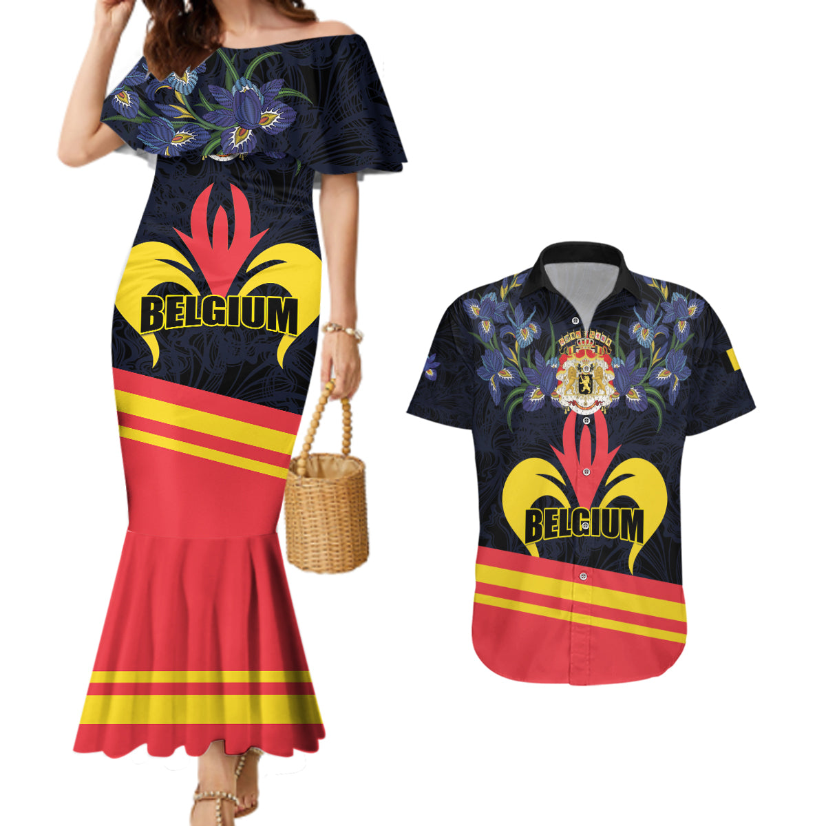 Personalized Belgium Iris Day Couples Matching Mermaid Dress and Hawaiian Shirt Royaume de Belgique Coat Of Arms - Wonder Print Shop