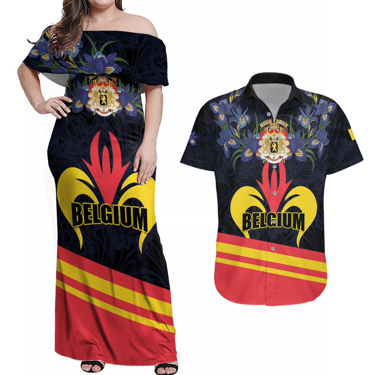 Personalized Belgium Iris Day Couples Matching Off Shoulder Maxi Dress and Hawaiian Shirt Royaume de Belgique Coat Of Arms - Wonder Print Shop