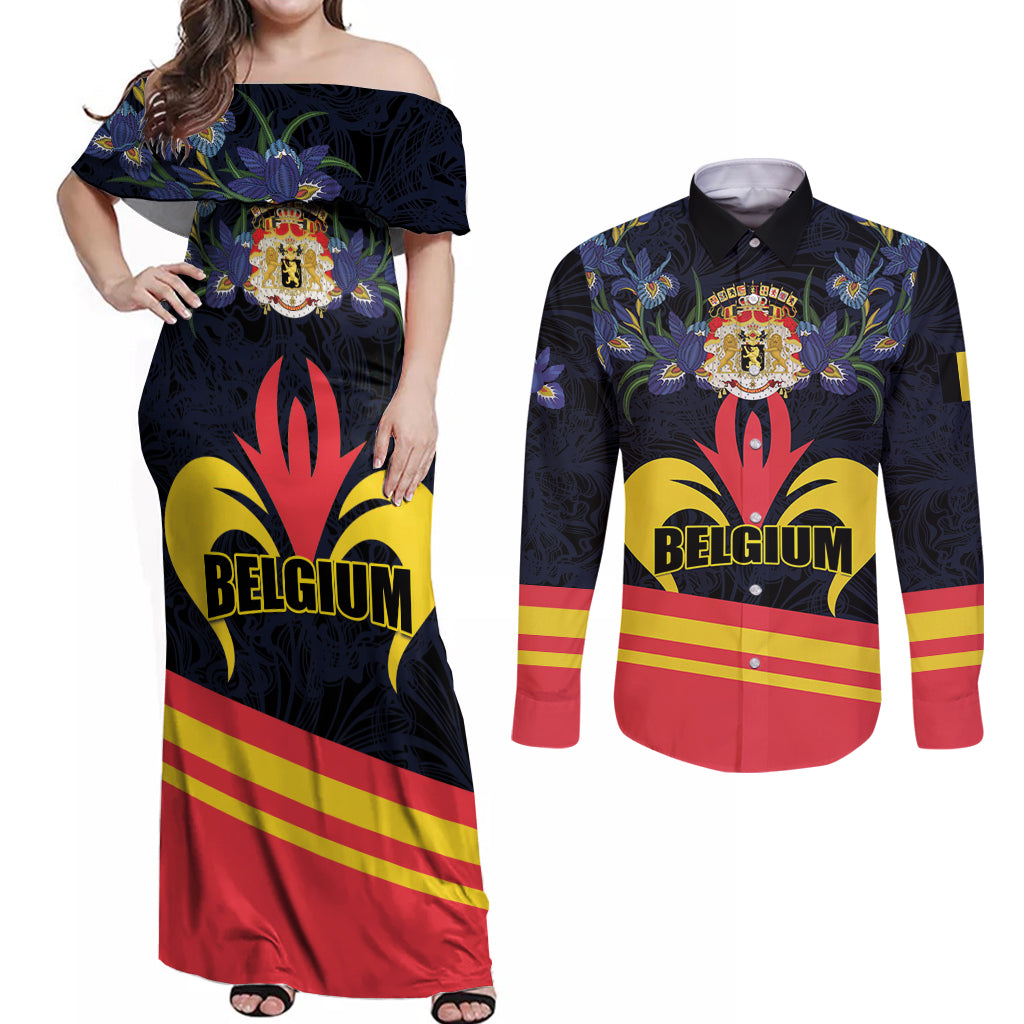 Personalized Belgium Iris Day Couples Matching Off Shoulder Maxi Dress and Long Sleeve Button Shirt Royaume de Belgique Coat Of Arms - Wonder Print Shop