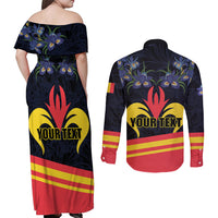 Personalized Belgium Iris Day Couples Matching Off Shoulder Maxi Dress and Long Sleeve Button Shirt Royaume de Belgique Coat Of Arms - Wonder Print Shop