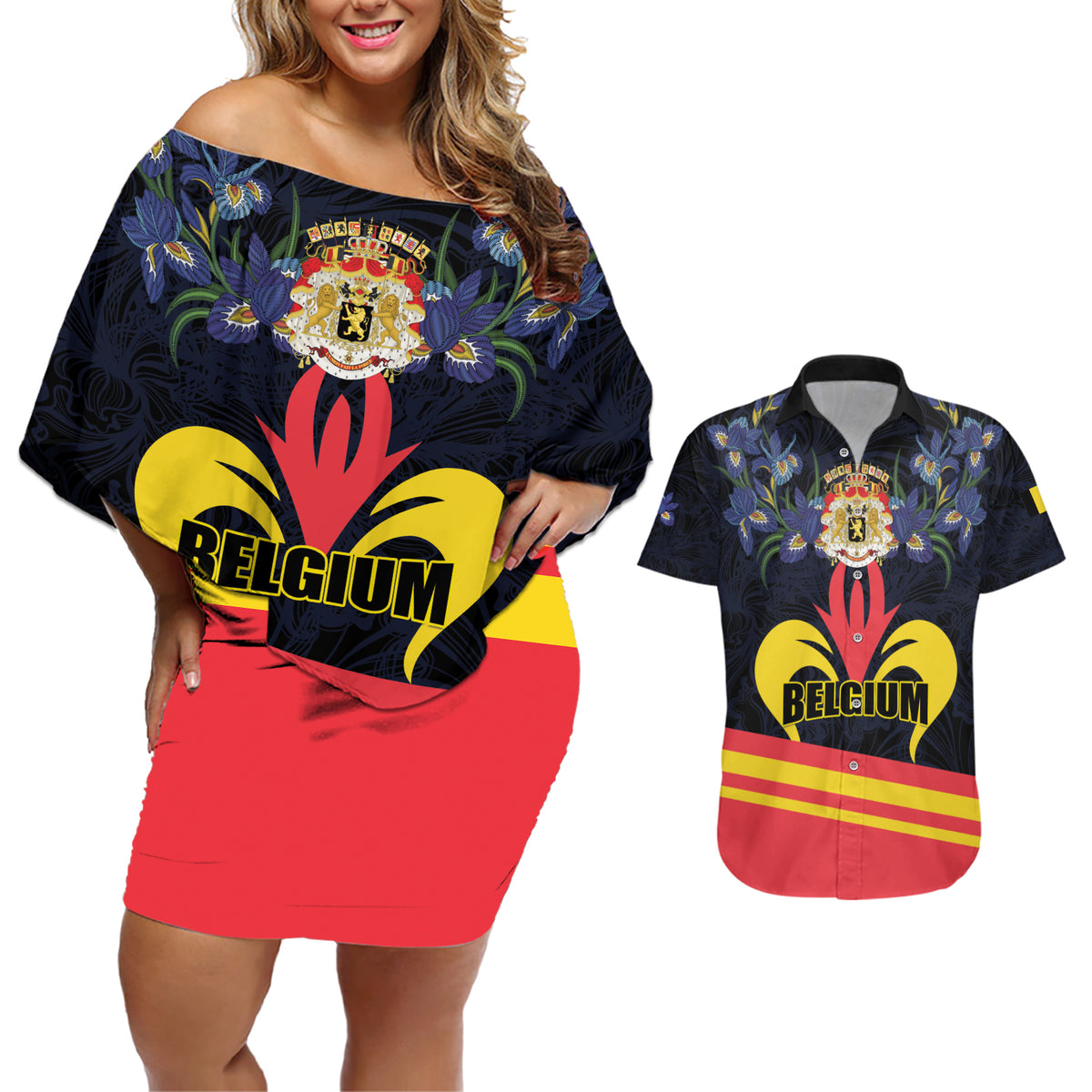 Personalized Belgium Iris Day Couples Matching Off Shoulder Short Dress and Hawaiian Shirt Royaume de Belgique Coat Of Arms - Wonder Print Shop
