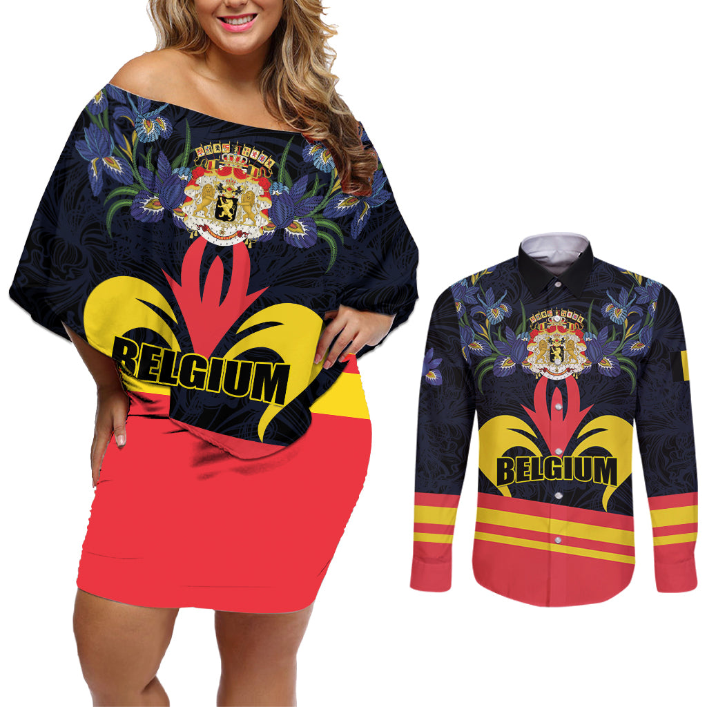 Personalized Belgium Iris Day Couples Matching Off Shoulder Short Dress and Long Sleeve Button Shirt Royaume de Belgique Coat Of Arms - Wonder Print Shop