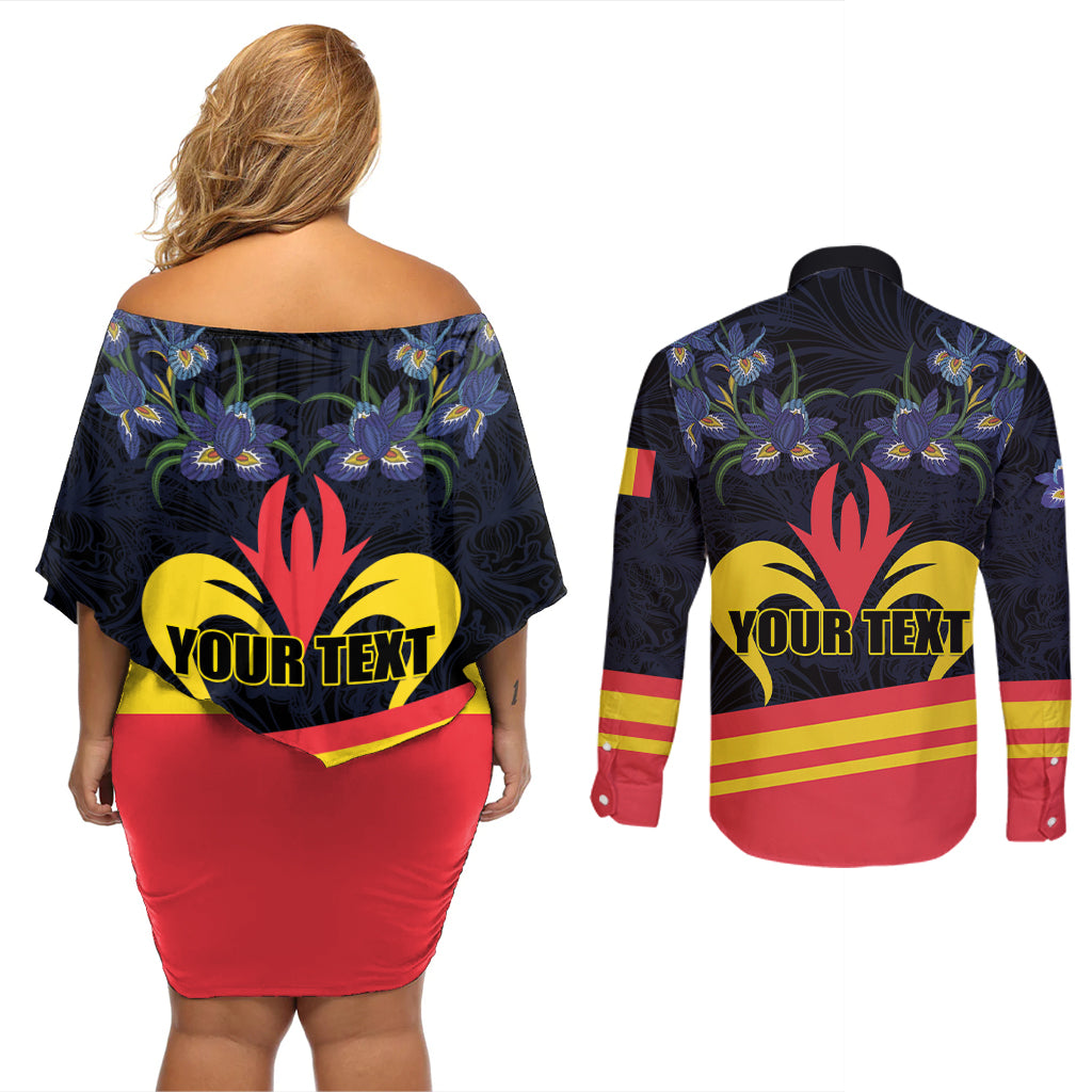 Personalized Belgium Iris Day Couples Matching Off Shoulder Short Dress and Long Sleeve Button Shirt Royaume de Belgique Coat Of Arms - Wonder Print Shop