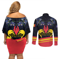 Personalized Belgium Iris Day Couples Matching Off Shoulder Short Dress and Long Sleeve Button Shirt Royaume de Belgique Coat Of Arms - Wonder Print Shop
